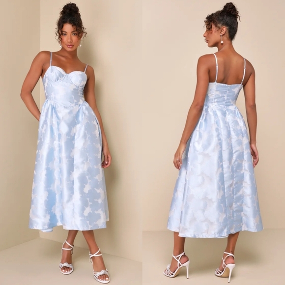 Lulus Gorgeous Destiny Light Blue Burnout Jacquard Bustier Midi Dress L Wedding - Picture 1 of 10